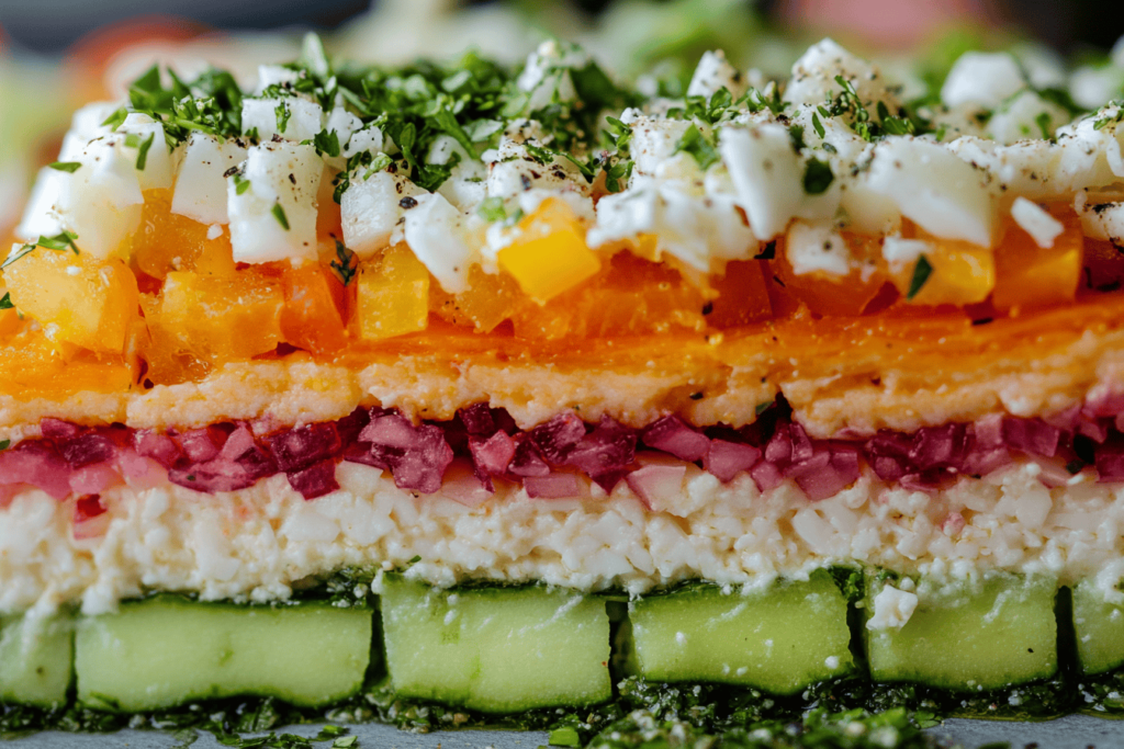 The layers of a delicious cold 7 layer dip.