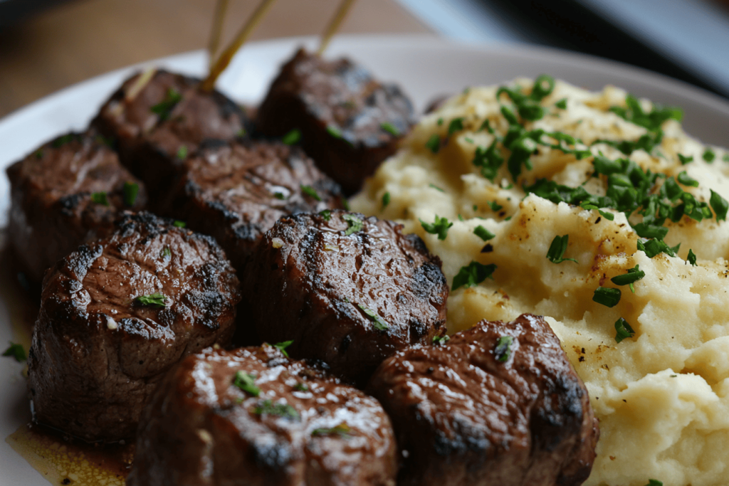 garlic butter steak bites and mash