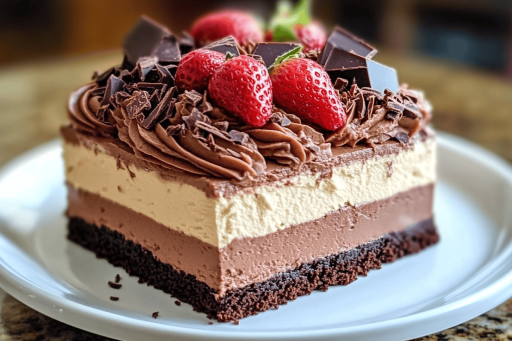 A beautifully plated triple-layer chocolate mousse cake with dark, milk, and white chocolate layers, garnished with chocolate shavings and fresh berries. The cake is set on a rustic wooden table with soft, natural lighting.