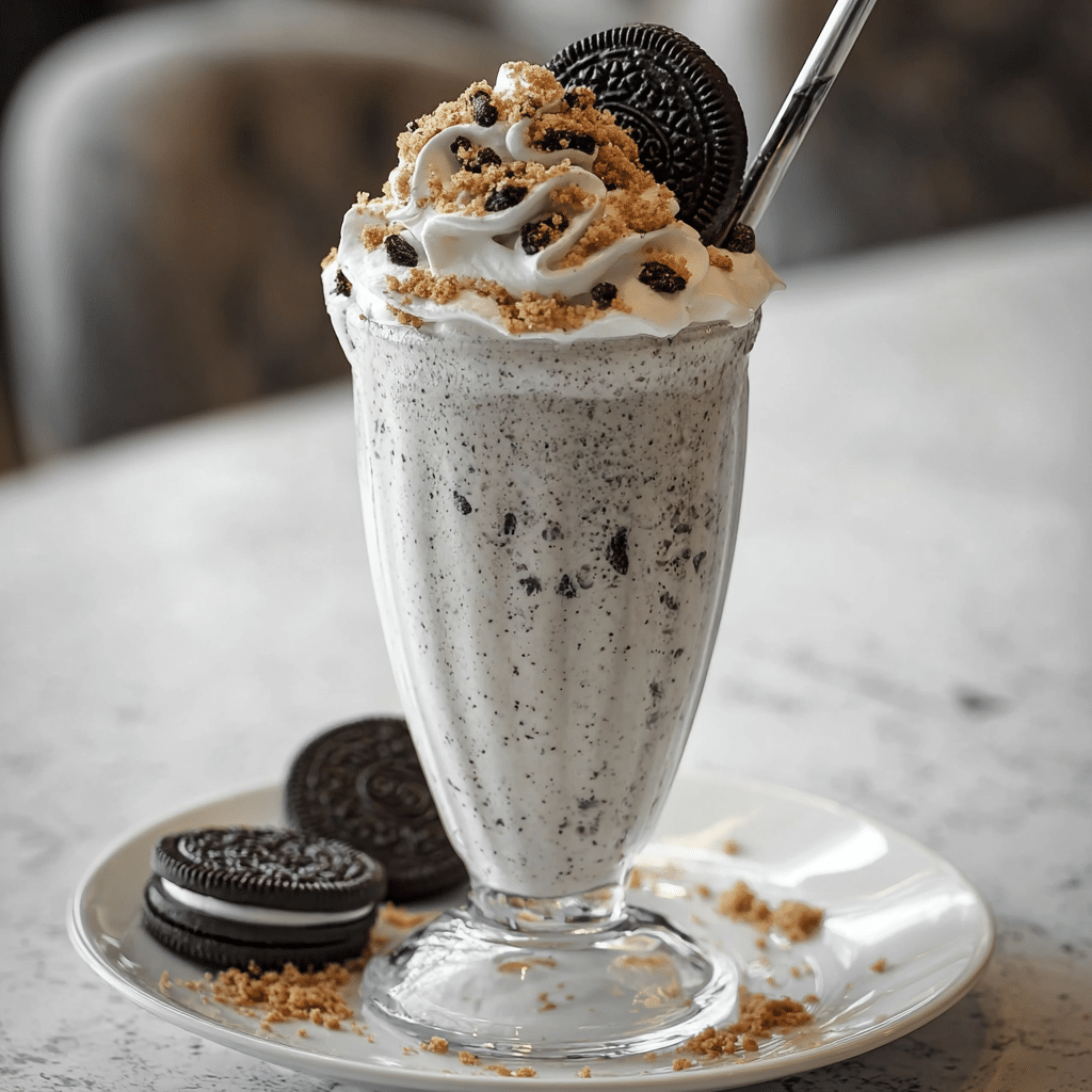 Oreo Milkshake in tall glass with toppings