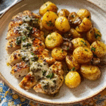 Greek Garlic Chicken with Hot Honey Potatoes and Mushroom Pesto