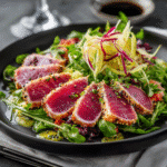 Tuna prosciutto recipe plated with lemon and greens