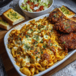 Cheesy Pasta Bake with Crispy Fried Chicken Garlic Bread