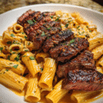 Cajun Steak Rigatoni with Garlic Parmesan Alfredo