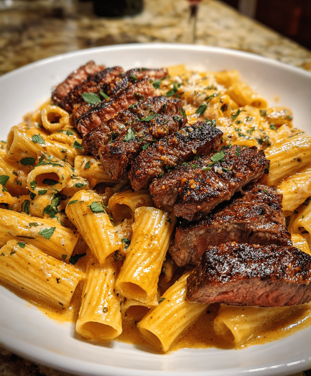 Cajun Steak Rigatoni with Garlic Parmesan Alfredo