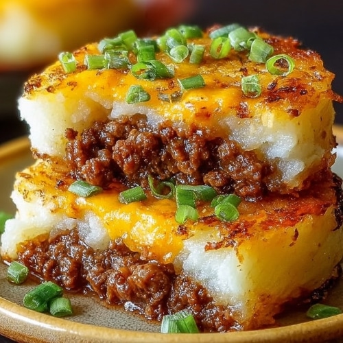 Cheesy Ground Beef Stuffed Crispy Mashed Potatoes