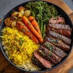 Garlic Butter Steak with Golden Rice Roasted Carrots Broccoli 2