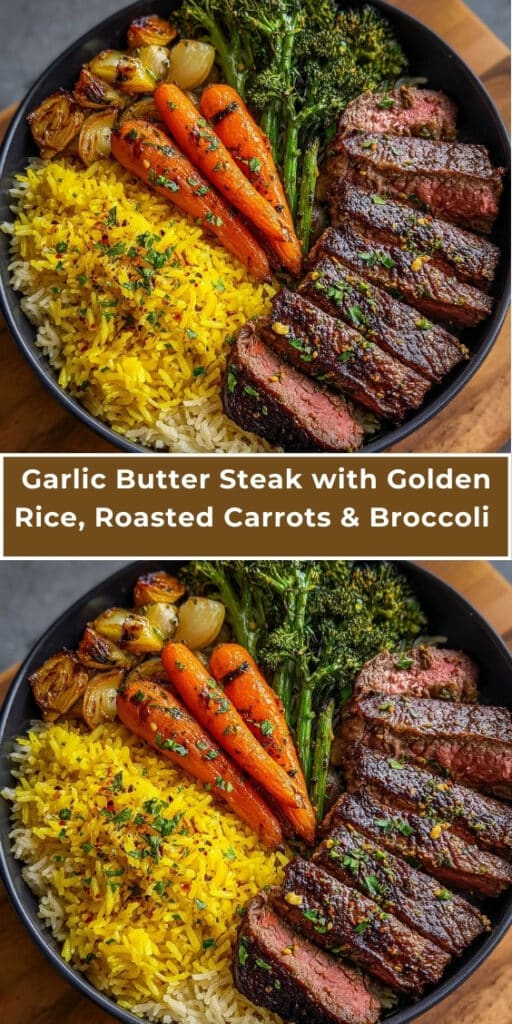 Garlic Butter Steak with Golden Rice, Roasted Carrots & Broccoli 97 Garlic Butter Steak with Golden Rice Roasted Carrots Broccoli