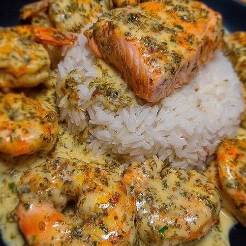 Southern Garlic Shrimp Salmon over Rice