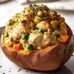 Creamy High Protein Chicken Pot Pie Stuffed Sweet Potatoes